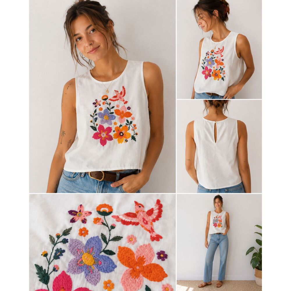 ANTIX Embroidered Floral Bird Top White Multicolor Boho Cottagecore Brazil P
